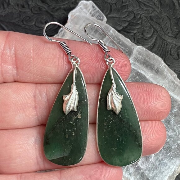 Pyrite Included Green Nephrite Jade and Leaf Earrings Crystal Stone Jewelry - Picture 1 of 6